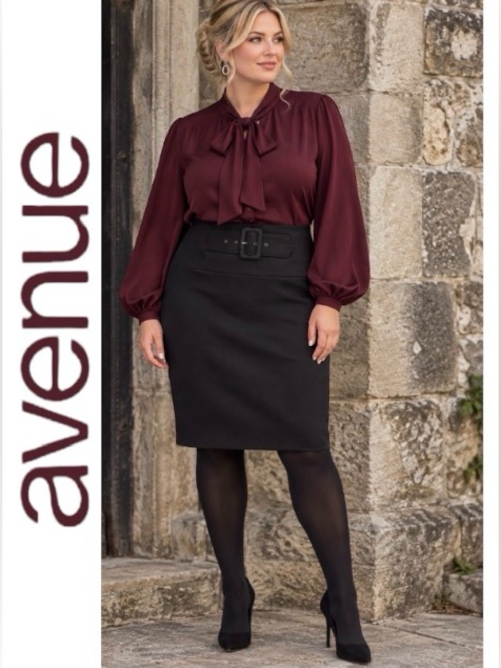 26/28W Avenue Classic Black Ponte Pencil Skirt with Buckle Detail